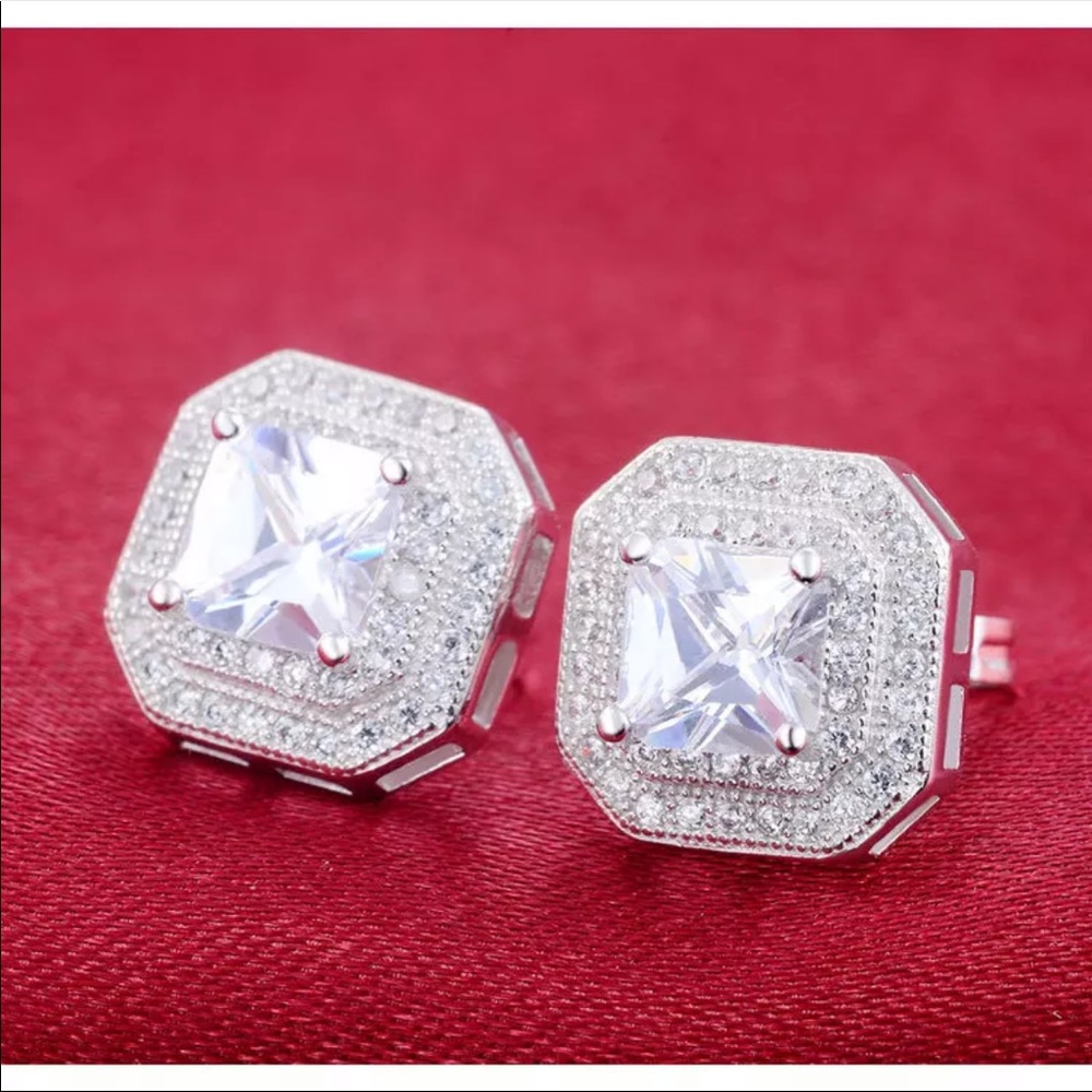 Diamond princess cut 925 sterling silver earring - Picture 3 of 3